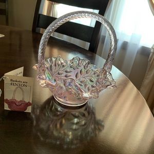 Fenton light pink etched iridescent floral basket